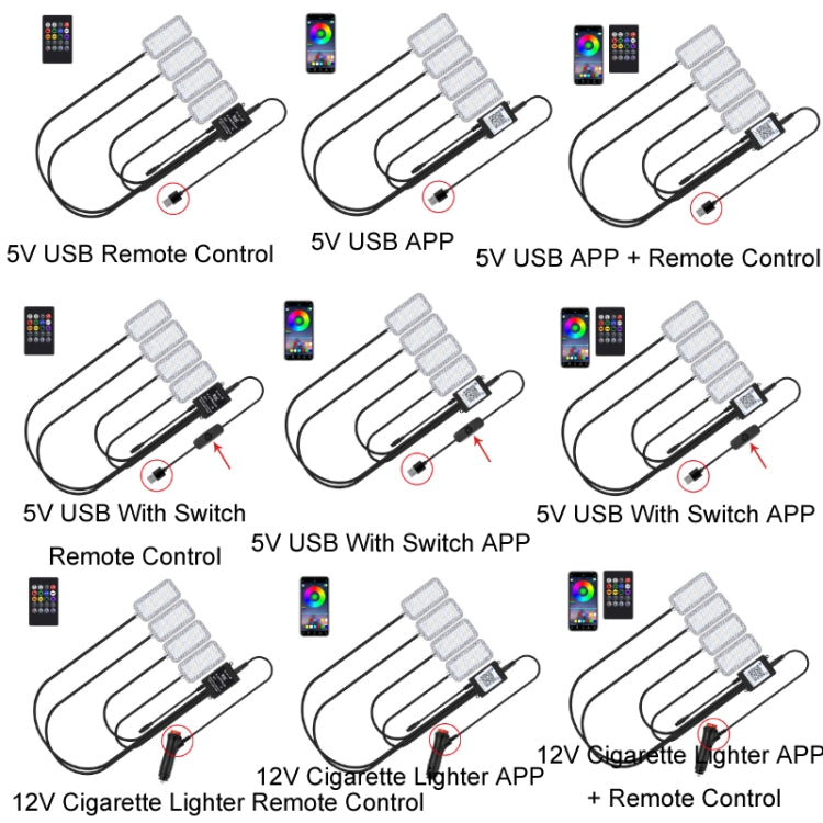 Eight-Color LED Voice Control Car Music Rhythm Atmosphere Light, 5V USB Remote Control, 5V USB APP, 5V USB APP + Remote Control, 5V USB With Switch Remote Control, 5V USB With Switch APP, 5V USB With Switch APP + Remote Control�������������������������...