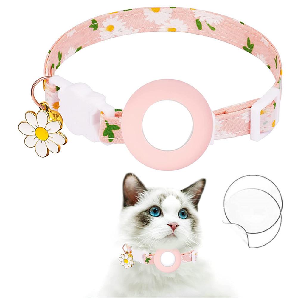 For AirTag Tracker Silicone Cover Small Daisy Pet Collar Dog Collar With Bell And Front Back Film(Pink)