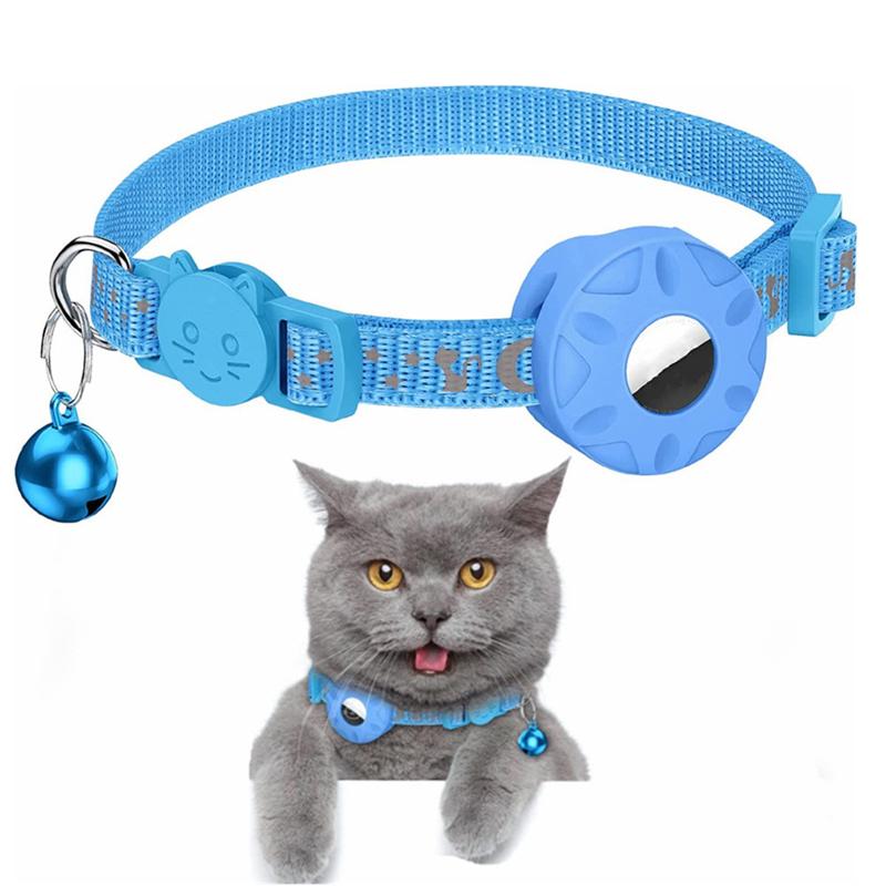 For AirTag Tracker Silicone Case Reflective Stars And Moon Cats Dogs Pet Collar With Bell(Blue)