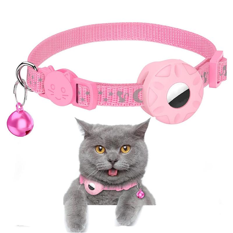 For AirTag Tracker Silicone Case Reflective Stars And Moon Cats Dogs Pet Collar With Bell(Pink)