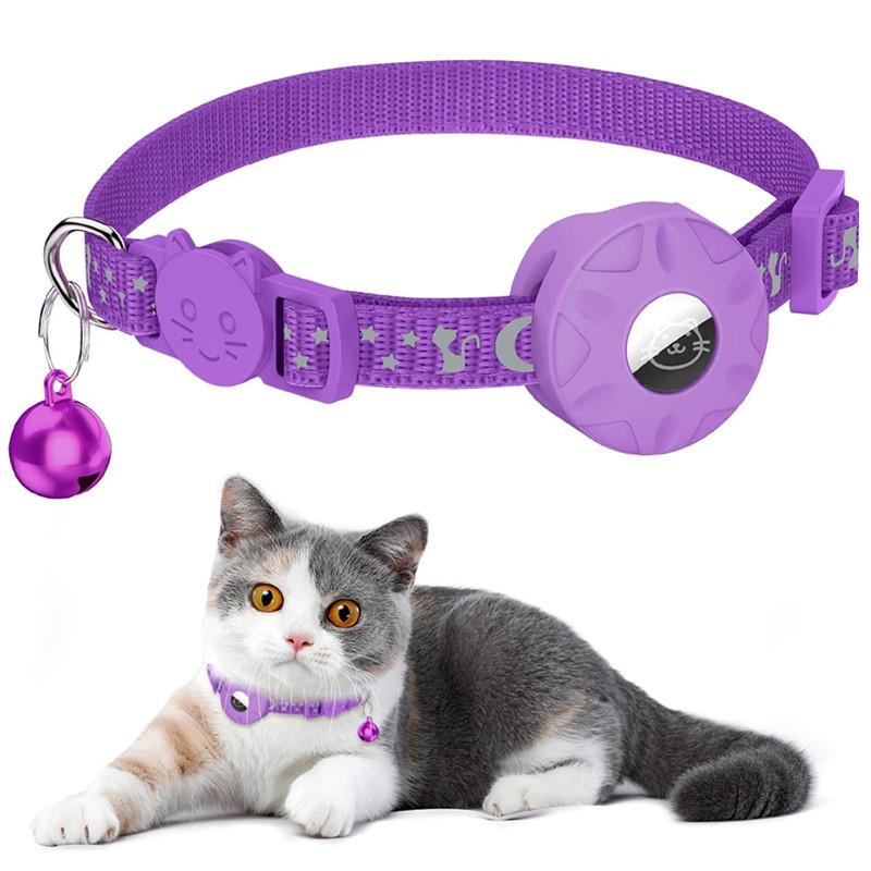 For AirTag Tracker Silicone Case Reflective Stars And Moon Cats Dogs Pet Collar With Bell(Purple)