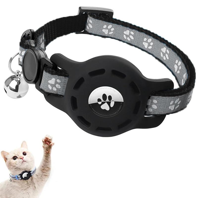 For AirTag Tracker Silicone Case Pet Collar Locator Protective Case Reflective Cat Collar With Bell(Black)