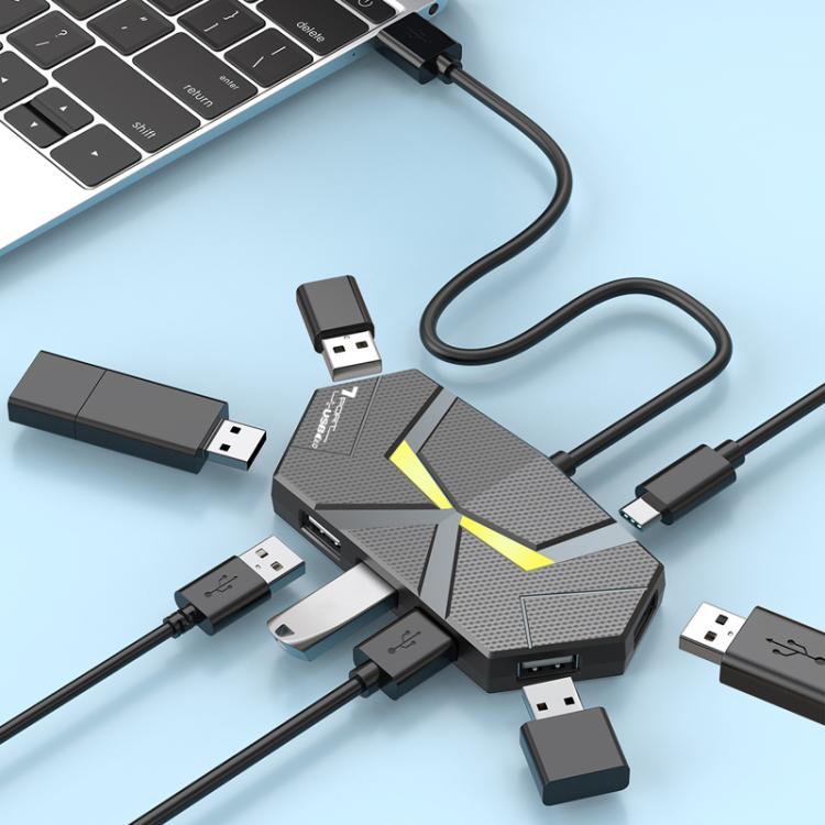 7 In 1 USB 2.0 Hub Splitter Colorful Ambient Light Type-C Docking Station Laptop Multi-Port Adapter, 0.6m (Black), 0.6m (White), 1.2m (Black), 1.2m (White)