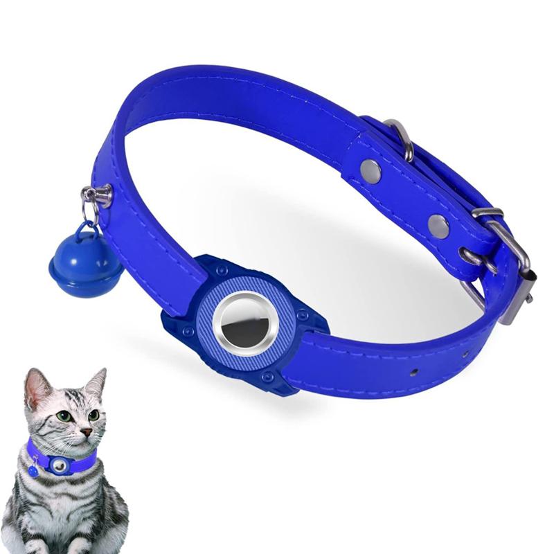 For AirTag Tracker Waterproof Protection Case Pet Leather Collar Anti Lost Cat Locator Collar(Blue)