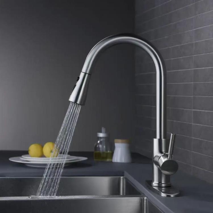 Pull-Out 3 Modes Kitchen Faucet Hot/Cold Water Mixer Tap With Base, Brushed Silver, Black