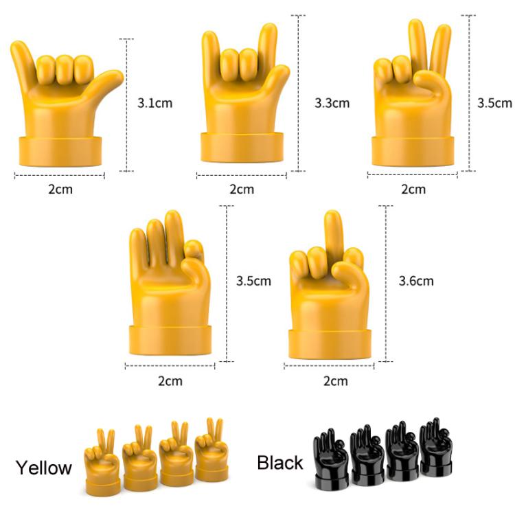 4pcs /Set Car Gesture Valve Tire Decorative Rubber Cap, Yellow Middle Finger, Black Middle Finger, Yellow OK, Black OK, Yellow Rock, Black Rock, Yellow Yeah, Black Yeah, Yellow Six, Black Six