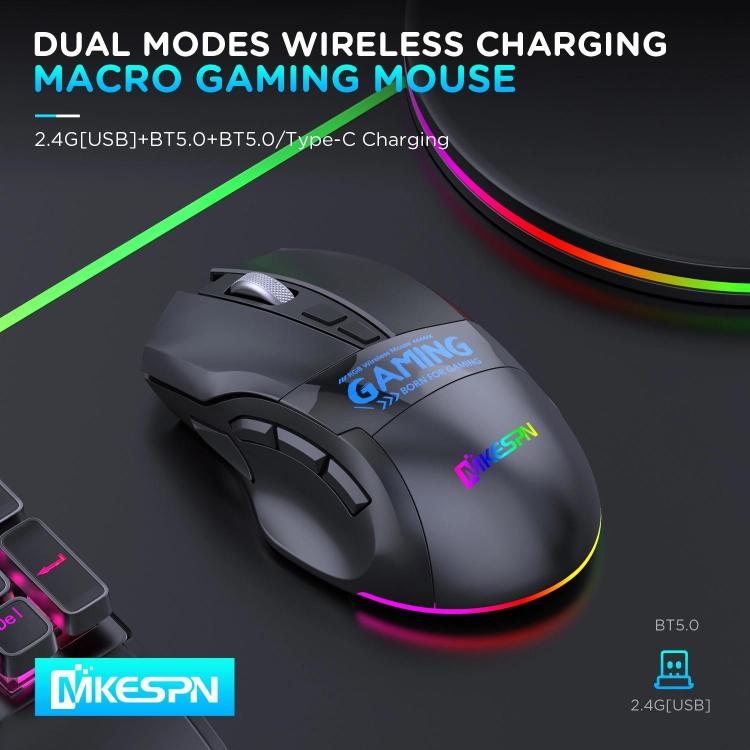 MKESPN W10 Tri-Mode Wireless Gaming Mouse 2400DPI with 9 Programmable Buttons, RGB Lighting, Type-C Rechargeable