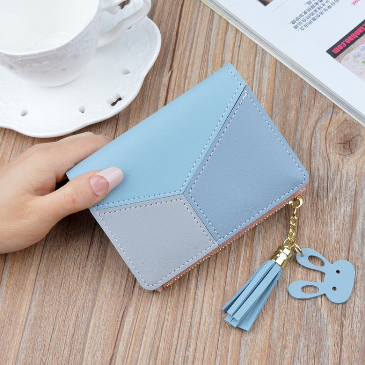 Short Leather Women Zipper Purse Panelled Wallets Trendy Coin Purse, Leather Blue, Leather Black, Leather Pink