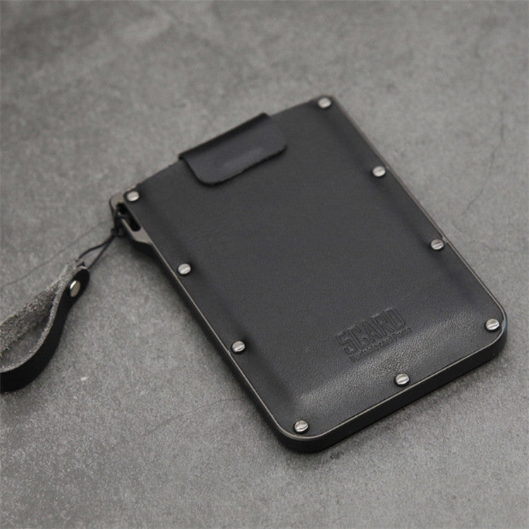 Portable Ultra-thin Card Holder Pull-out Design Invisible Personalized Card Holder, Black Genuine Leather